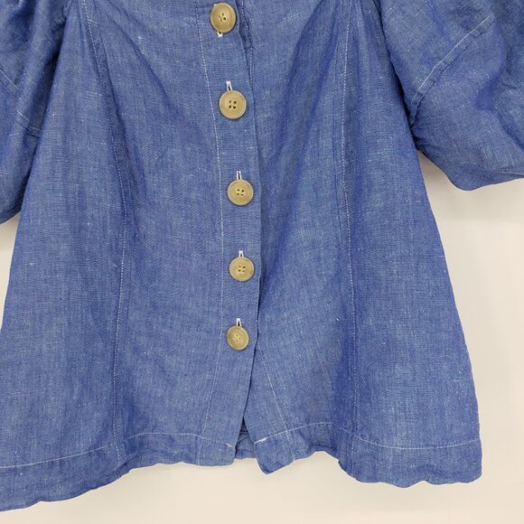 Ann Taylor Puff Sleeve Square Neck Top XXSP Linen Cotton Blend Button Down Blue - Picture 7 of 9